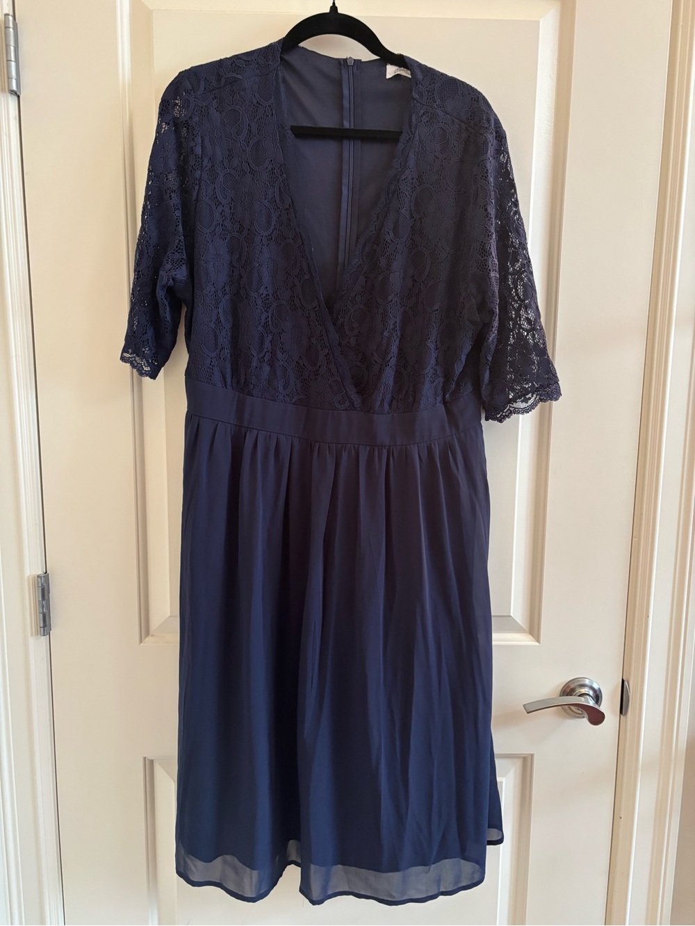 Amazon Navy Lace V-Neck Midi Dress with Chiffon Skirt